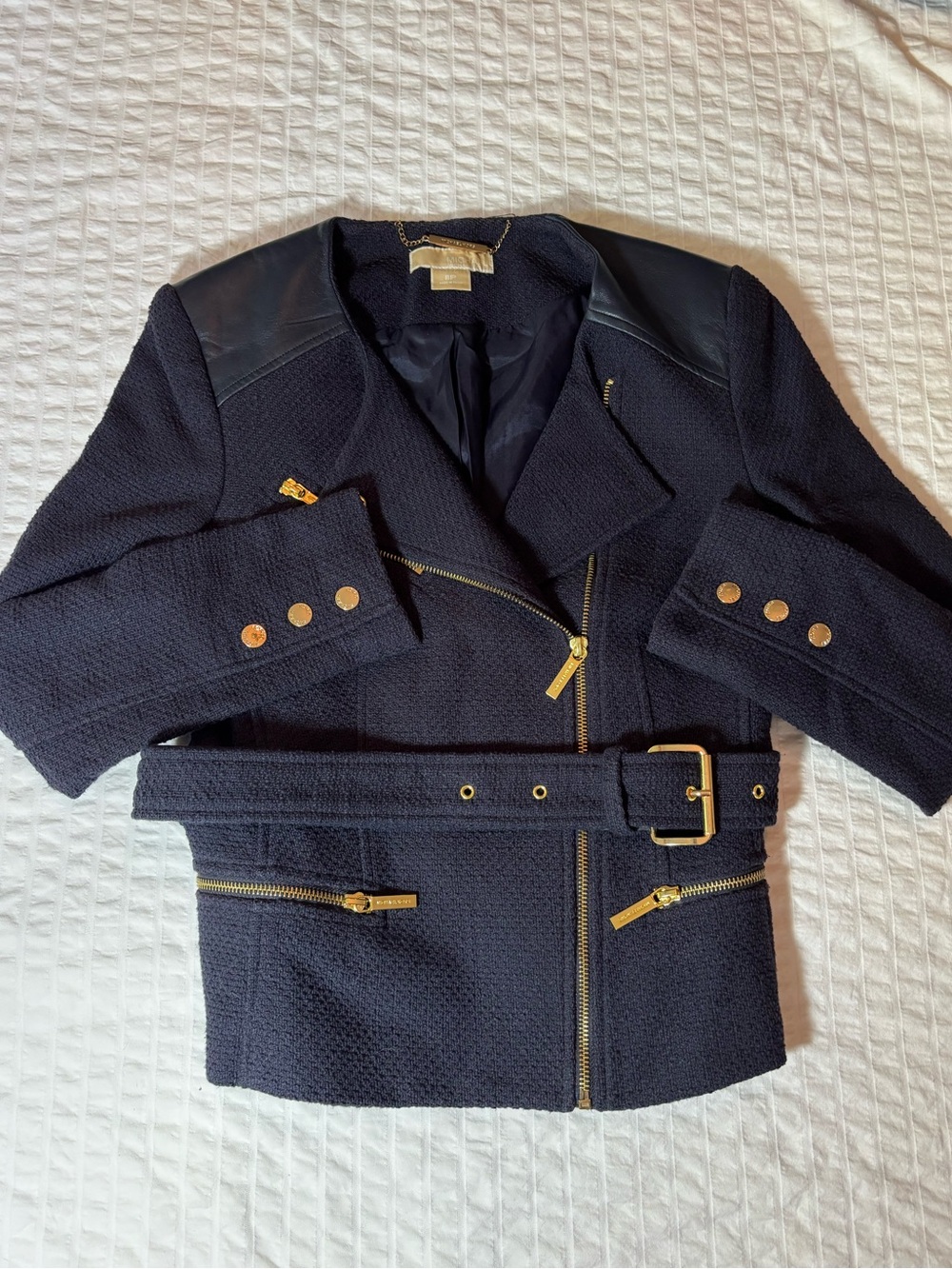 EUC Michael Kors Moto Jacket Boucle Tweed w/ Italian Sheepskin Leather Sz 8P